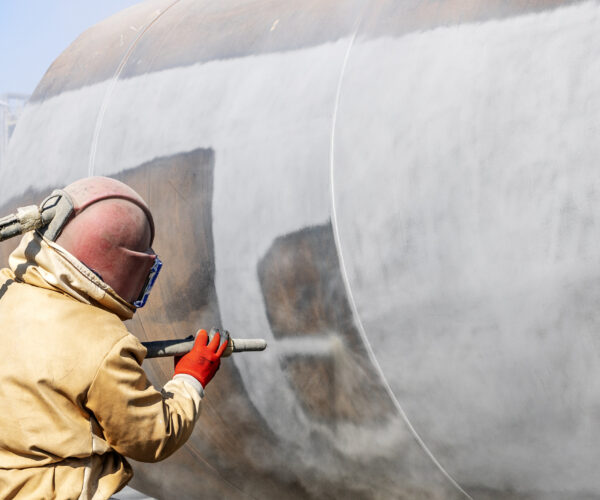 man in protective gear sandblasting man in protective gear sandblasting