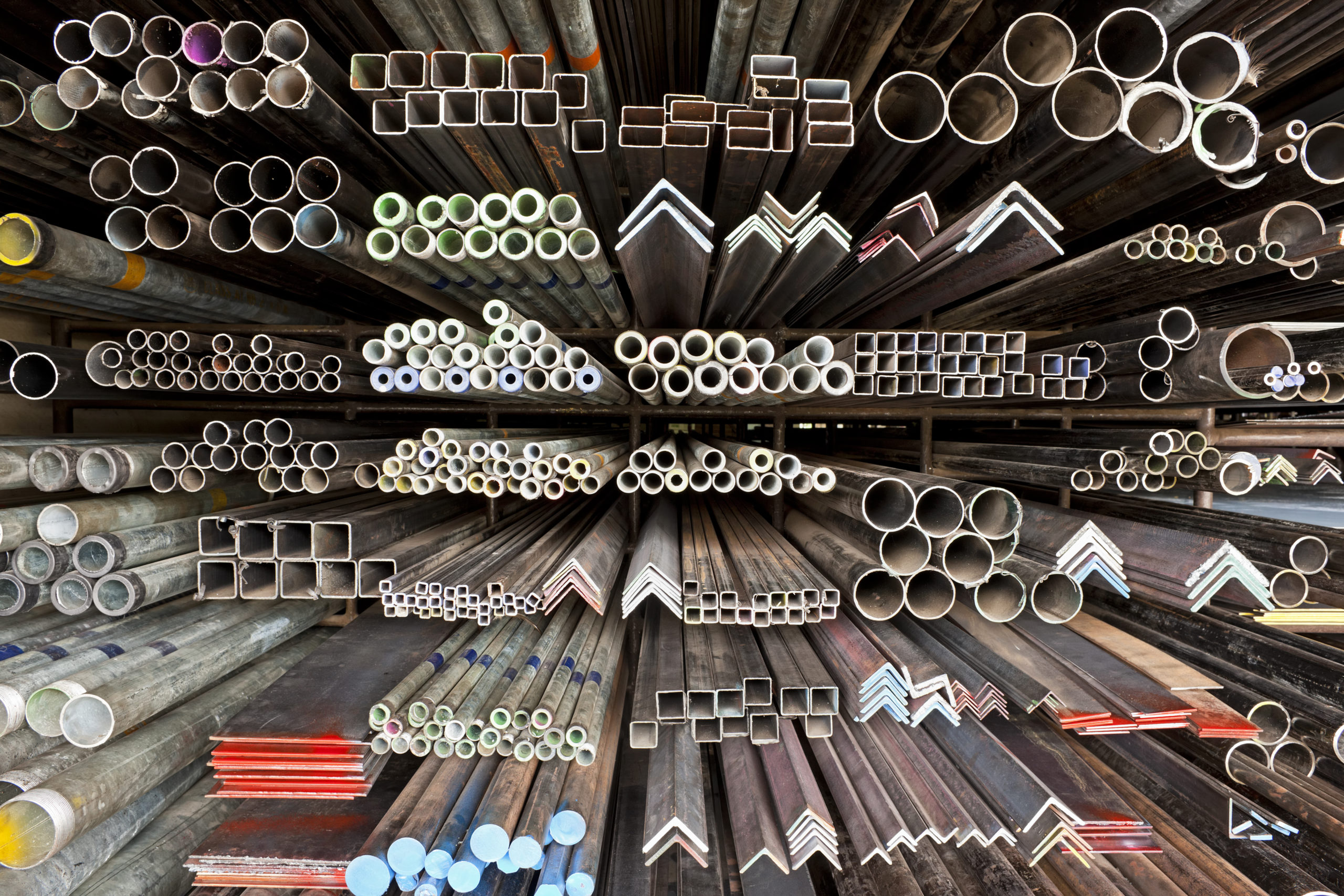 iron and steel rods kept in storage shelves