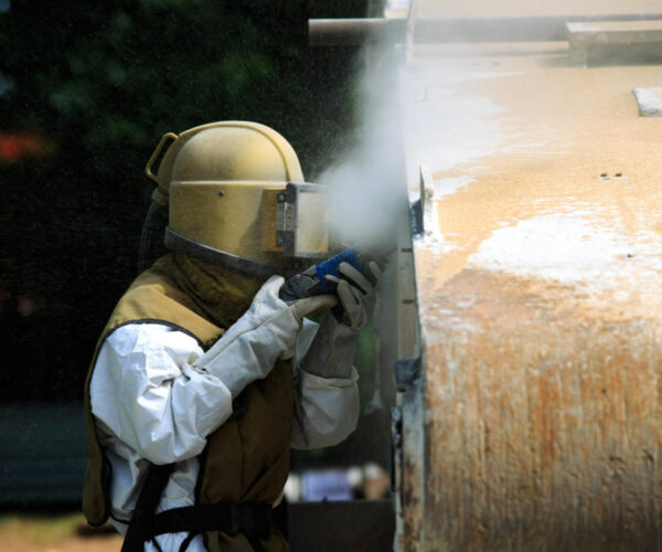 ARpowder-image4optimized a person in protective clothing and full helmet media blasting a large rusty surface